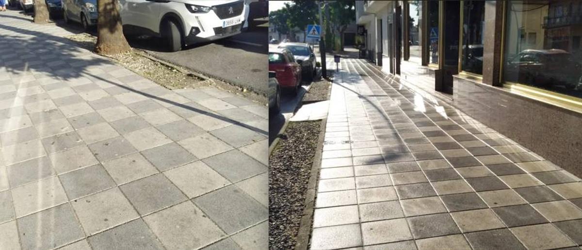 Antes y después de limpiar a presión un tramo de la acera.