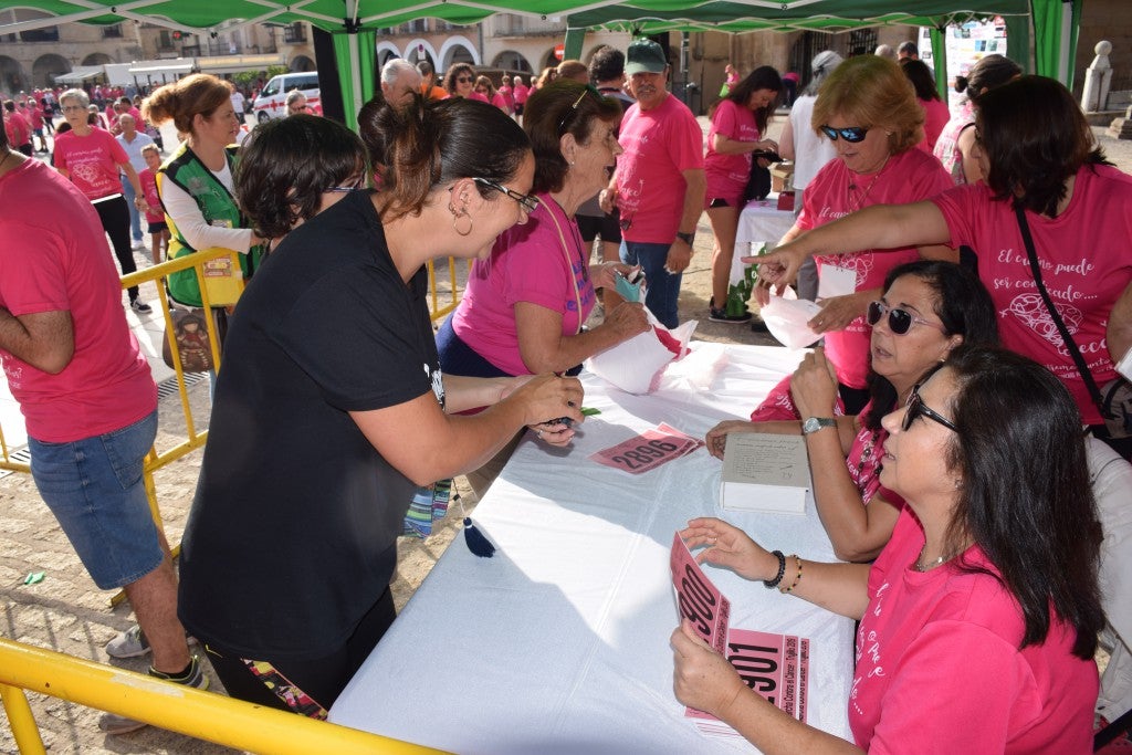 Las calles de la ciudad se tiñeron de rosa, con la celebración ayer de la multitudinaria VIII Marcha Contra el Cáncer. Reunió no solo a vecinos de Trujillo, sino también de diferentes poblaciones de la comarca e incluso, de otras zonas de Extremadura. Al final, se vendieron 3.132 dorsales, una cifra muy parecida a la del año pasado, a un precio de 5 euros. Junto a esos dorsales, se entregaron las camisetas rosas identificativas.