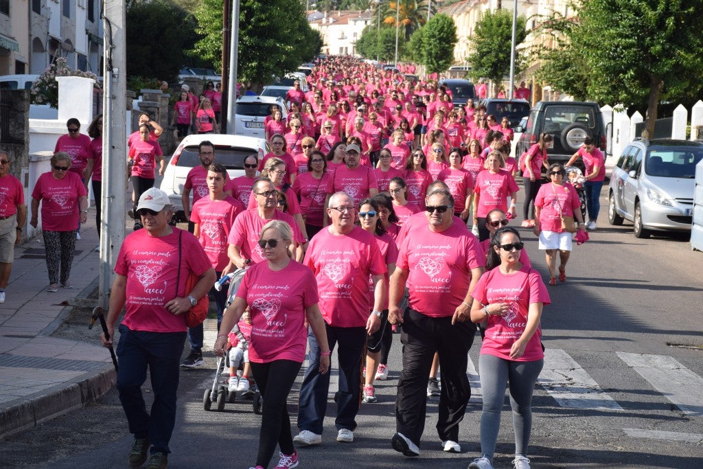 Las calles de la ciudad se tiñeron de rosa, con la celebración ayer de la multitudinaria VIII Marcha Contra el Cáncer. Reunió no solo a vecinos de Trujillo, sino también de diferentes poblaciones de la comarca e incluso, de otras zonas de Extremadura. Al final, se vendieron 3.132 dorsales, una cifra muy parecida a la del año pasado, a un precio de 5 euros. Junto a esos dorsales, se entregaron las camisetas rosas identificativas.