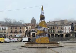 El árbol de Navidad ya situado en la plaza Mayor