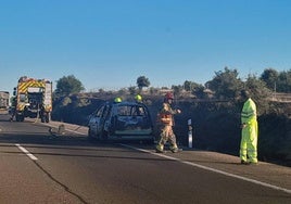 El vehículo afectado, con los bomberos.