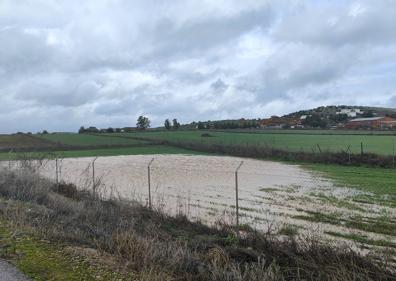 Imagen secundaria 1 - 1. Nivel del arroyo a su paso por la carretera de Olivenza. 2. Inundación en unos terrenos en la carretera de Táliga. 3. Desprendimiento de un muro en un callejón