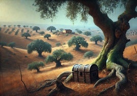 Imagen de una finca de encinas y un tesoro generada por Inteligencia Artificial
