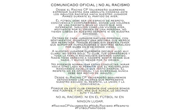 Comunicado del Racing CP Valverdeño