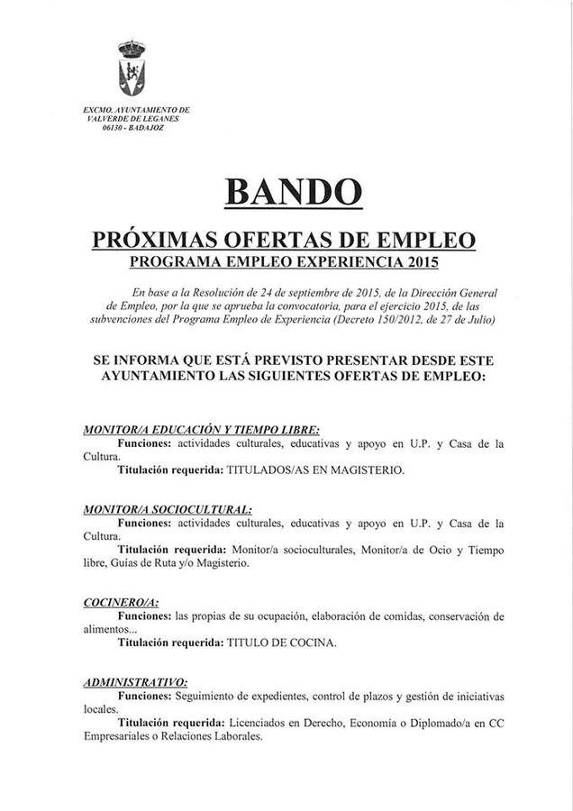 El ayuntamiento publica un bando sobre próximas ofertas de trabajo