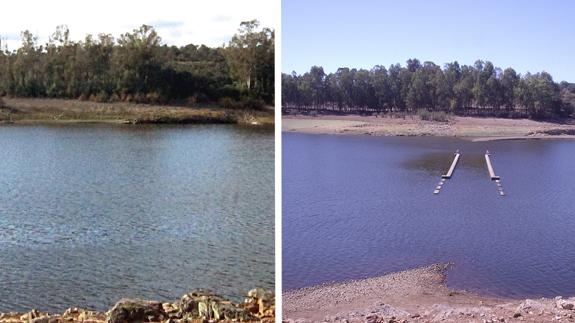 Estado actual del patano de Piedra Aguda y, a la derecha, estado del pantano en 2005