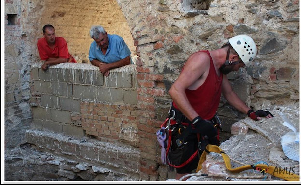 Un técnico de AMUS procede a bajar al interior de un pozo en el que se encuentran atrapadas varias cigüeñas.