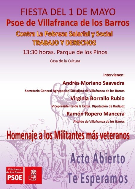 El PSOE de Villafranca organiza un acto con motivo del 1º de mayo en el Parque de los Pinos
