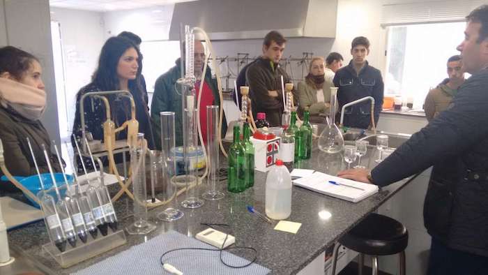 Los estudiantes escuchan explicaciones en el laboratorio de Viñaoliva. 