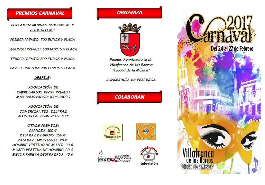 Tríptico publicado por la concejalía de Festejos con la programación de todo el Carnaval 2017.  