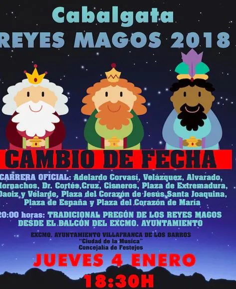 La cabalgata de Reyes Magos se adelanta al 4 de enero a la misma hora y con el mismo itinerario