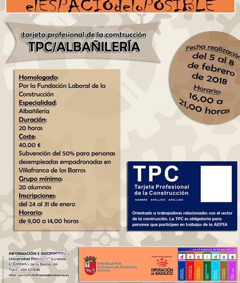 Curso permite sacarse la Tarjeta  Profesional de la Construcción. 