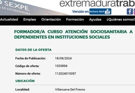 El Sexpe lanza una oferta de Formador en Atención Sociosanitaria a personas dependientes para la localidad