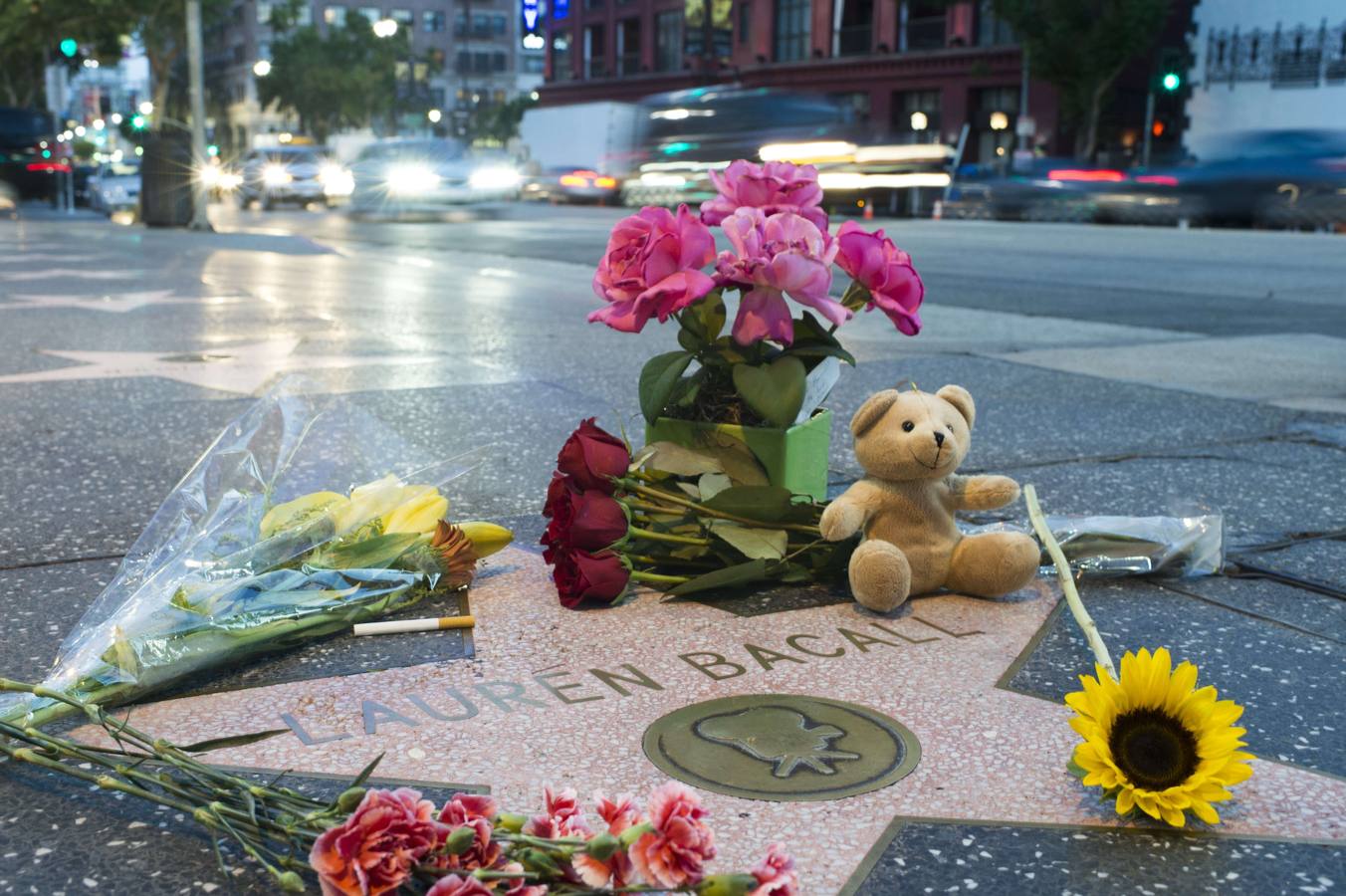 Miércoles 13 de agosto: Flores y recuerdos se ven en la estrella de la actriz Lauren Bacall en el Paseo de la Famen Hollywood, California. AFP PHOTO / Robyn Beck