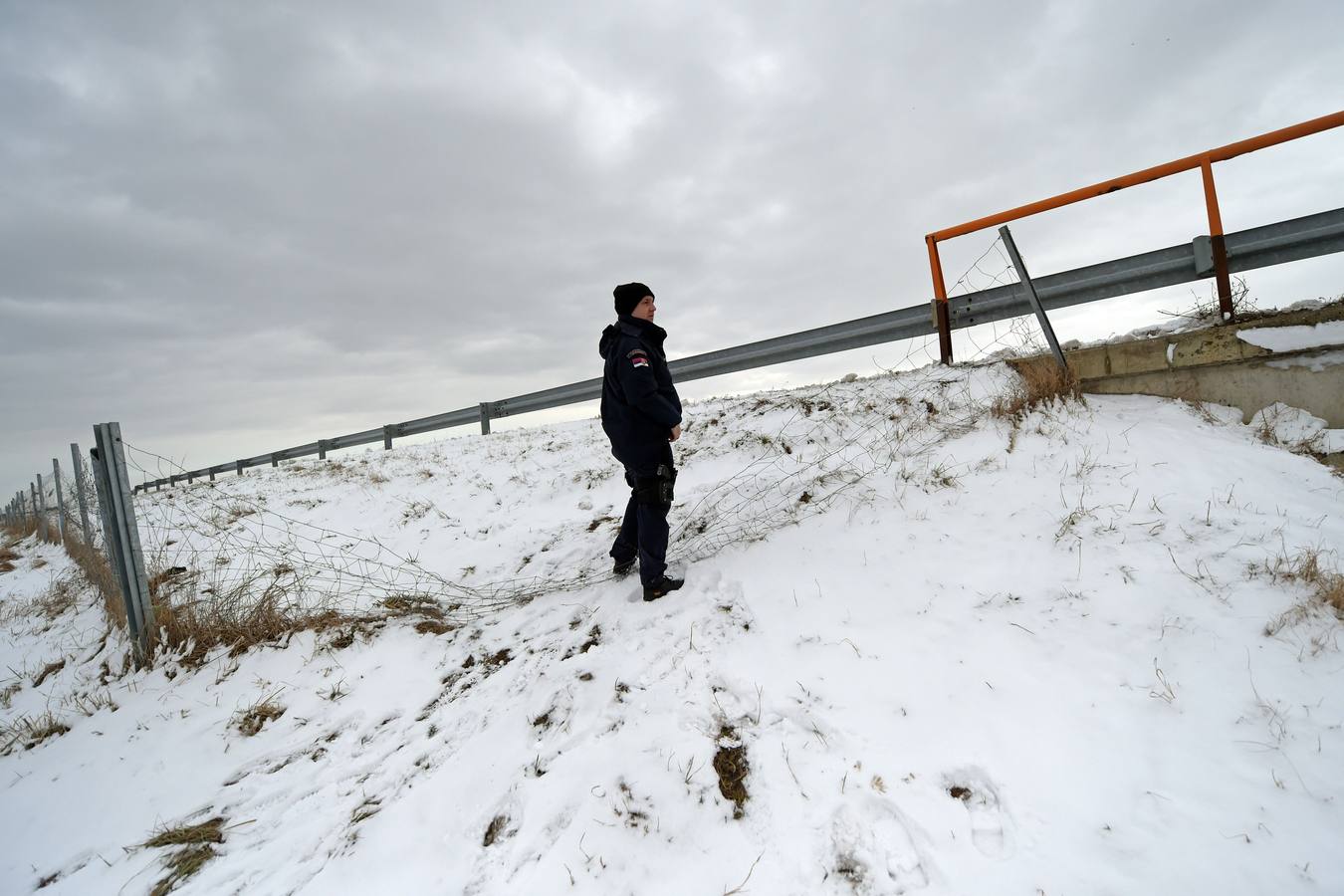 Cerca de la población de Backi Vinogradi, un oficial de la policía de fronteras de Serbia comprueba una valla rota junto a una carretera, cerca de la frontera con Hungría. Fotografía: AFP / Andrej Isakovic.