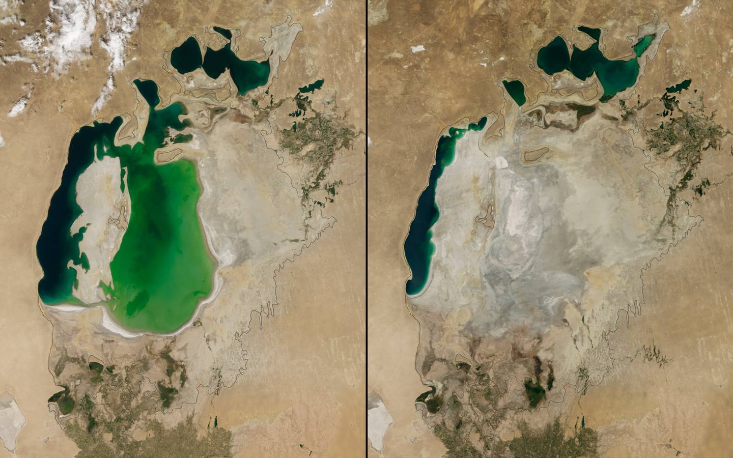 El mar de Aral en Asia Central en 2000 y 2014