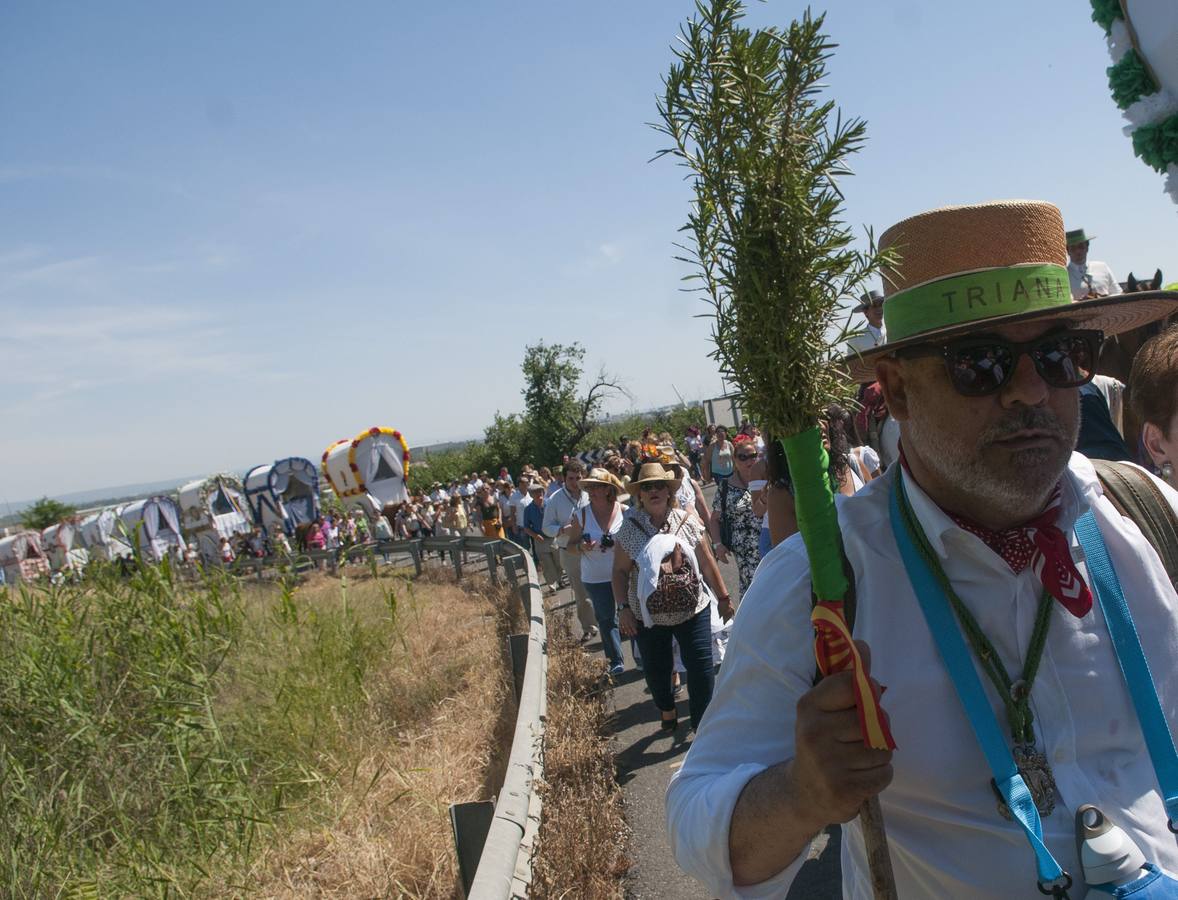 La Hermandad de Triana, una de las tres primeras hermandades sevillanas junto a Macarena y el Cerro que hoy ha comenzado su camino hacia la aldea de El Rocío, en Almonte (Huelva), acompañada de centenares de personas a su paso por la cuesta del Caracol.