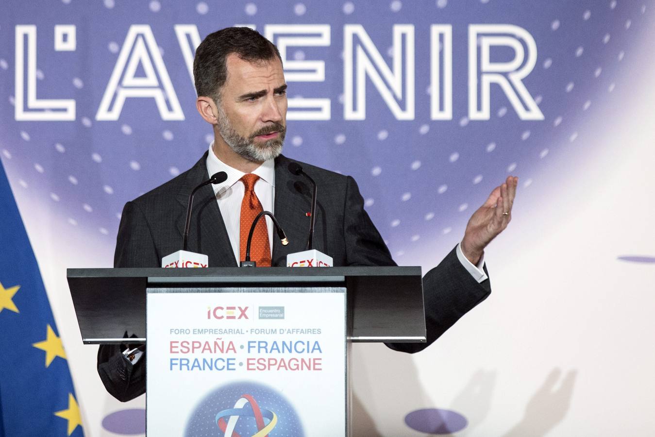 Jueves, 4 de junio: El Rey Felipe VI clausura del Foro Económico Franco-Español celebrado en el Hotel Intercontinental de París , en el último acto de la visita de Estado de tres días de los Reyes a Francia. Fotografía: Ballesteros.