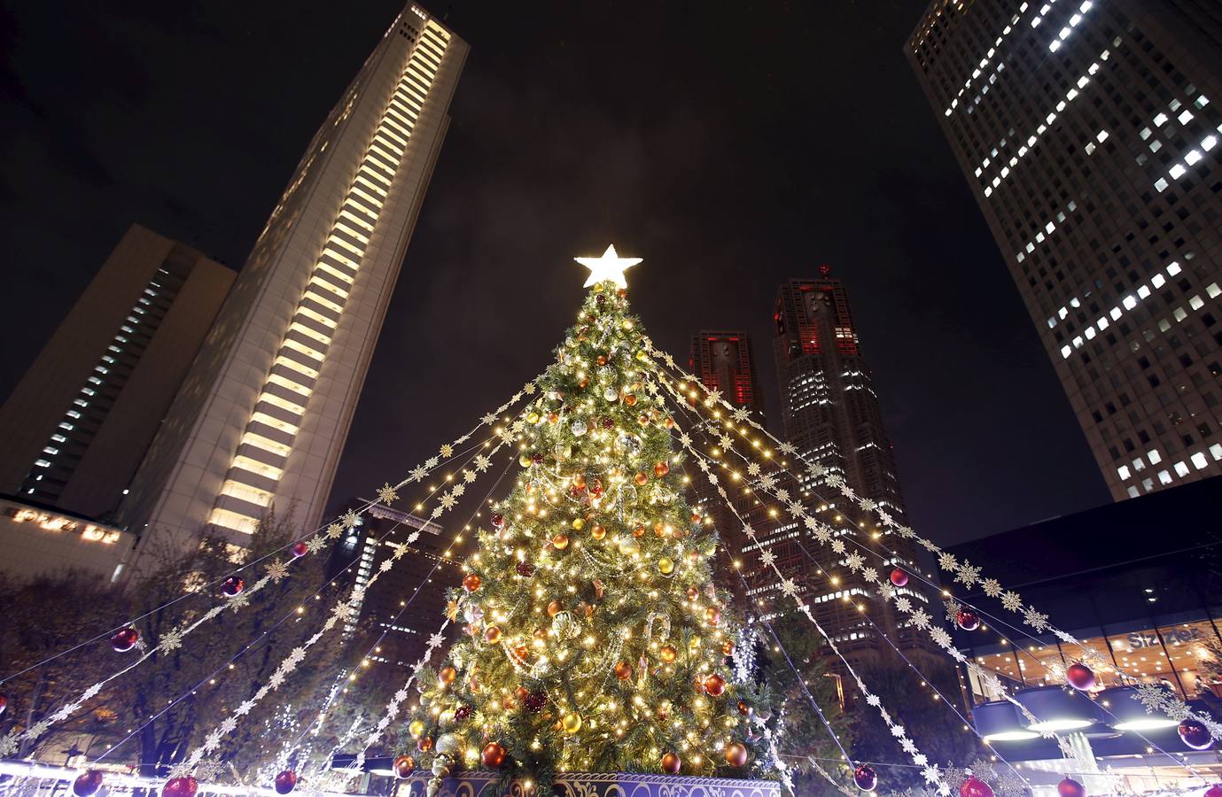 Vista del árbol de navidad en el Edificio del Gobierno Metropolitano de Tokio, Japón.