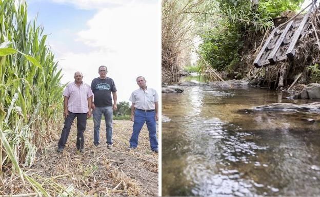 Antonio Leal, el primero por la izquierda, en su terreno, con Anastasio Expósito, vicepresidente, y Agustín Rebollo, tesorero / Cauce de la Ribera del Marco en la parte final, cerca ya del río Guadiloba.