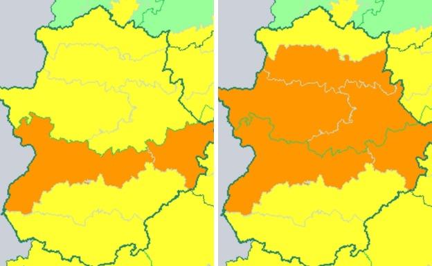 El mapa de la izquierda refleja los avisos para este sábado, mientras que el de la derecha recoge las alertas activadas para el domingo.