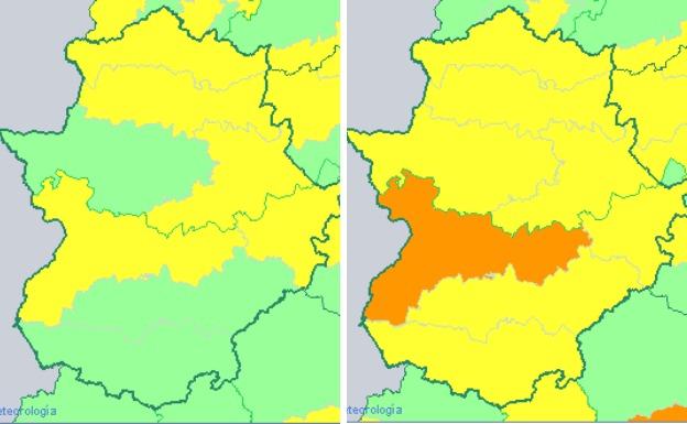 A la izquierda: Mapa de calor en Extremadura para hoy. A la derecha: Mapa de calor en Extremadura para mañana. ::AEMET
