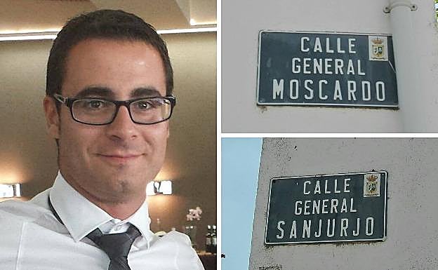 El alcalde de Zarza Capilla, en la imagen de la izquierda; a la derecha, los letreros de las calles Moscardó, que se llamará Virgen de la Aurora, y Sanjurgo, que cambia a calle Julio 'El Municipal'. 