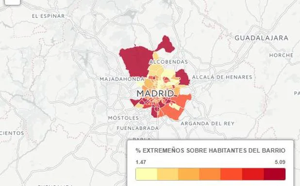 ¿En qué barrio de Madrid viven más extremeños?