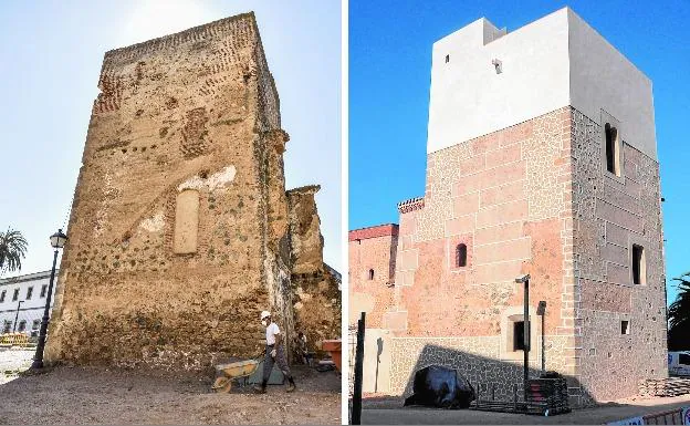 El aspecto de la torre al inicio de la obra y tras la retirada de los andamios exteriores. :: C.MORENO