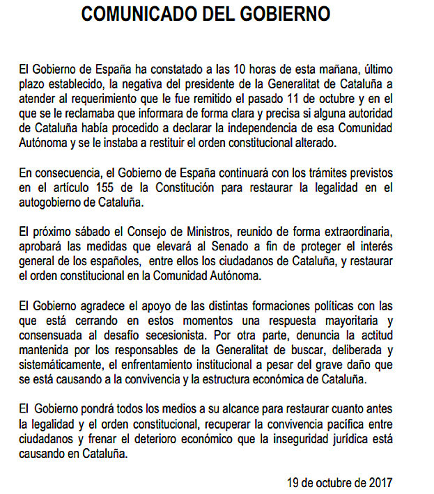 El comunicado del Gobierno tras recibir la carta de Puigdemont.