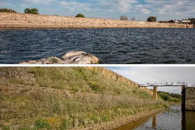 Embalse de Proserpina, arriba; y presa de Cornalvo, abajo.