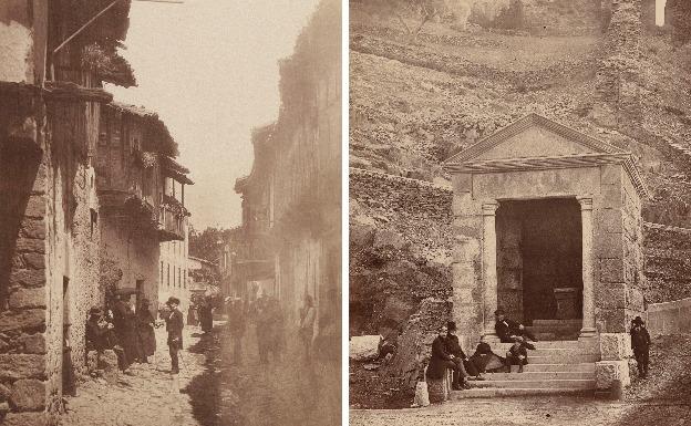 Calle de Cuacos de Yuste en 1858 a la izquierda y gente posando en el templo del puente de Alcántara, a la derecha.