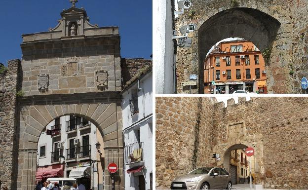 A la izquierda, imagen de archivo de la puerta de Sol. A la derecha: Arriba, imagen de archivo de la puerta de Coria y abajo, imagen de la puerta de Berrozanas. 