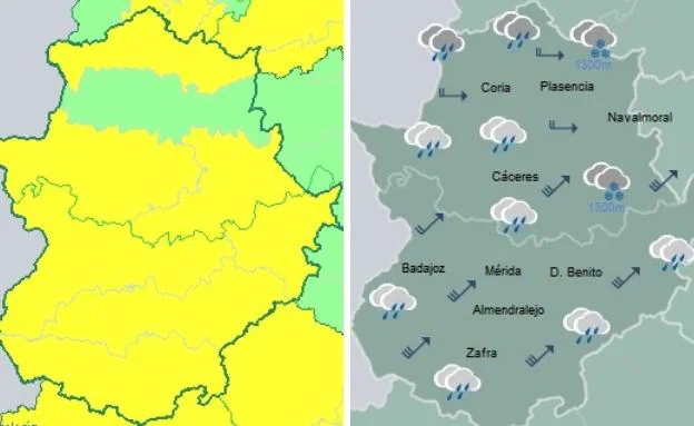 A la izquierda, mapa de avisos activos para este lunes. A la derecha, previsión de lluvia para este lunes.
