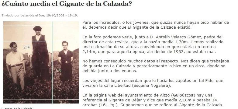 16-Recorte con la noticia del Gigante de la Calzada, que midió sobre 2,14 m. (Bejar.biz).