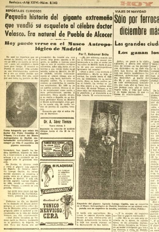 9-Recorte del Diario HOY del 21 de diciembre de 1958. Entonces el esqueleto del gigante se exponía junto a otro de un hombre de talla normal.