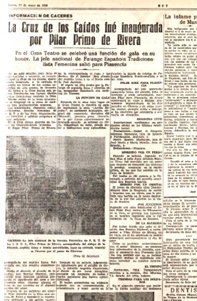 6-Noticia del Diario HOY, del 12 de mayo de 1938, con la inauguración de la Cruz de los Caídos por Pilar Primo de Rivera.