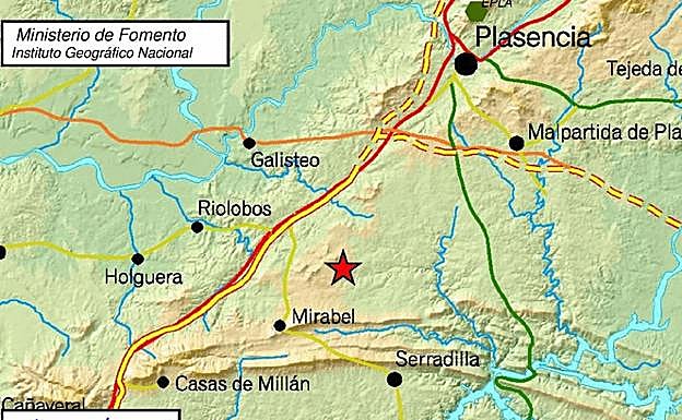 La estrella roja señala el punto exacto del movimiento sísmico que ha tenido lugar en la provincia de Cáceres