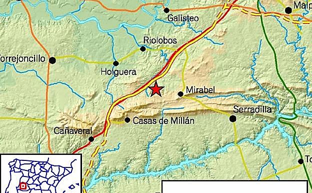 La estrella roja señala el punto exacto del movimiento sísmico que ha tenido lugar en la provincia de Cáceres