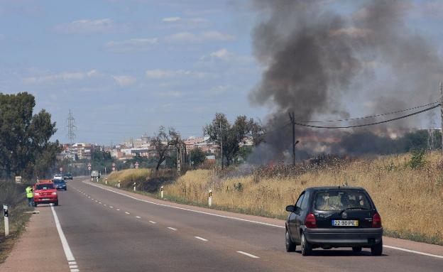Las llamas saltaron de un lado a otro de la carretera de Olivenza. :: C. MORENO