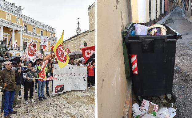 A la izquierda, una de las últimas protestas de los trabajadores de FCC ante el Ayuntamiento. A la derecha, un contenedor lleno y sin retirar de la calle Bravo Murillo, en el Casco Antiguo. :: 