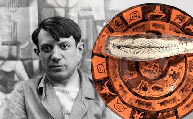 Pablo Picasso en 1912 (Wikimedia CC PD) y plato con raspa de pescado, 1957.