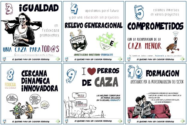 Varias de las viñetas incluidas en la campaña 'Diez razones para ser cazador federado'. :: FEDEXCAZA