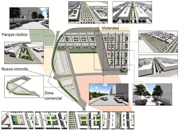 Proyecto urbanístico del Nuevo Ferial, con el área comercial en la media luna actual de los aparcamientos. :: hoy