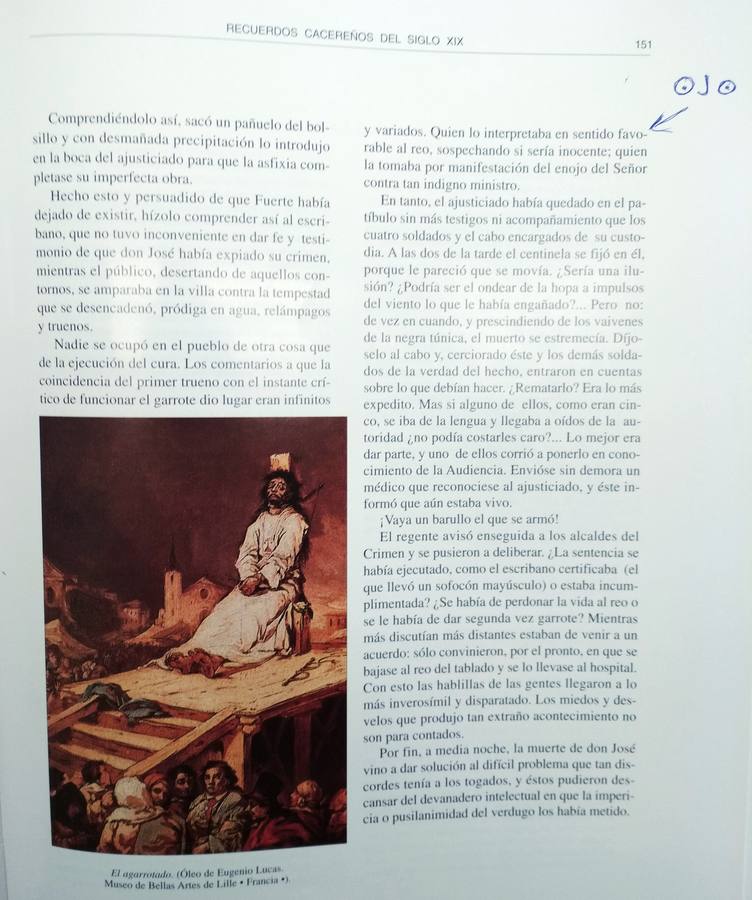 Página 151 del libro de Publio Hurtado que recoge el ajusticiamiento en Cáceres del cura asesino.