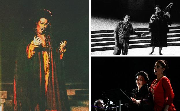 Monserrat Caballé durante la interpretación de 'Medea' en el Teatro Romano en 1989, año en el que recibió la Medalla de Extremadura. Ensayo de 'Herodiade' con José Carreras, en 1990. La diva volvió al Teatro Romano 17 años después para actuar junto a su hija:: HOY