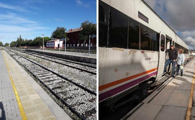 A la izquierda, imagen de la estación de Llerena esta mañana, vacía y sin trenes. A la derecha, pasajeros en la estación de Cáceres tomando el primer tren que les habían puesto de sustitución por el Talgo.