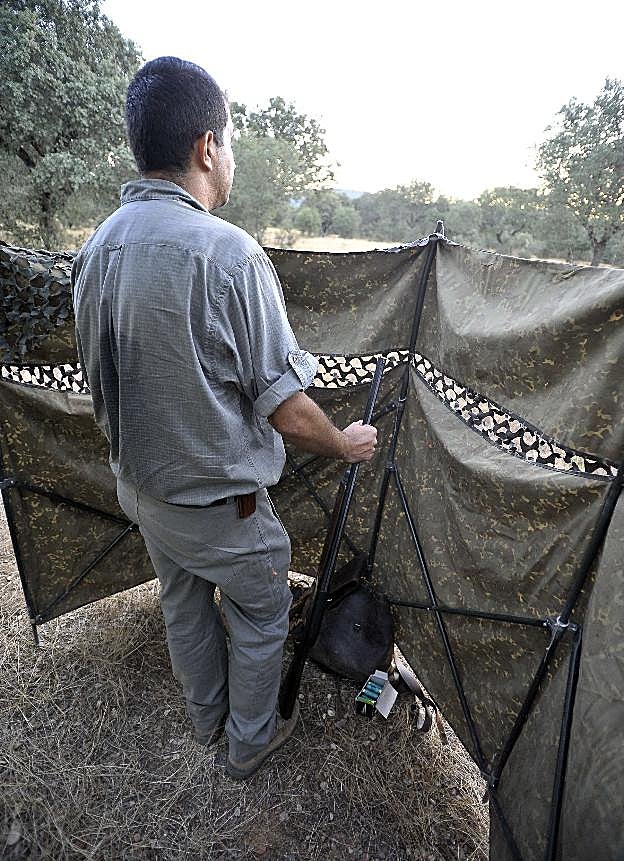 Un cazador monta su aguardo durante la media veda. :: HOY