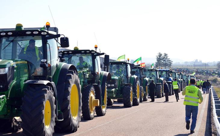 28 de marzo. Tractorada en las Vegas Altas para exigir unos precios justos. Centenares de agricultores bloquearon las vías de acceso a la autovía de Miajadas. :: 