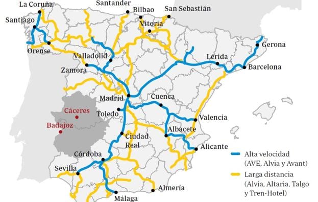 La red española de alta velocidad y larga distancia muestra el aislamiento extremeño.: ABC
